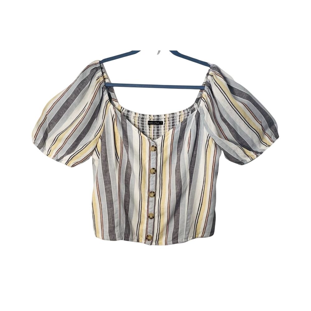 AF Abercrombie Fitch Top Womens Size XL Blue Yellow Linen Blend Short Sleeve